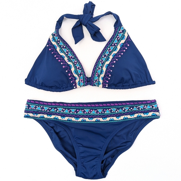 Nanette Lepore Other - Nanette Lepore 2-Piece Bikini Swimsuit Triangle Top Beaded Costa Del Sol Navy S